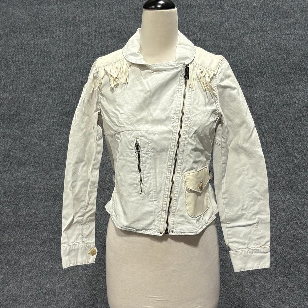 Polo Ralph Lauren Jacket Womens Small White Fringe Western Moto Biker Cotton